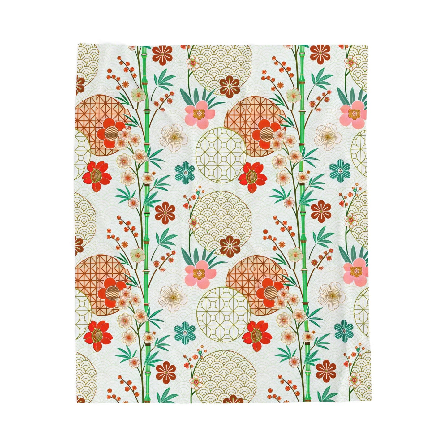 Floral Japanese Circle Velveteen Plush Blanket — Soft Retro Blossom Throw