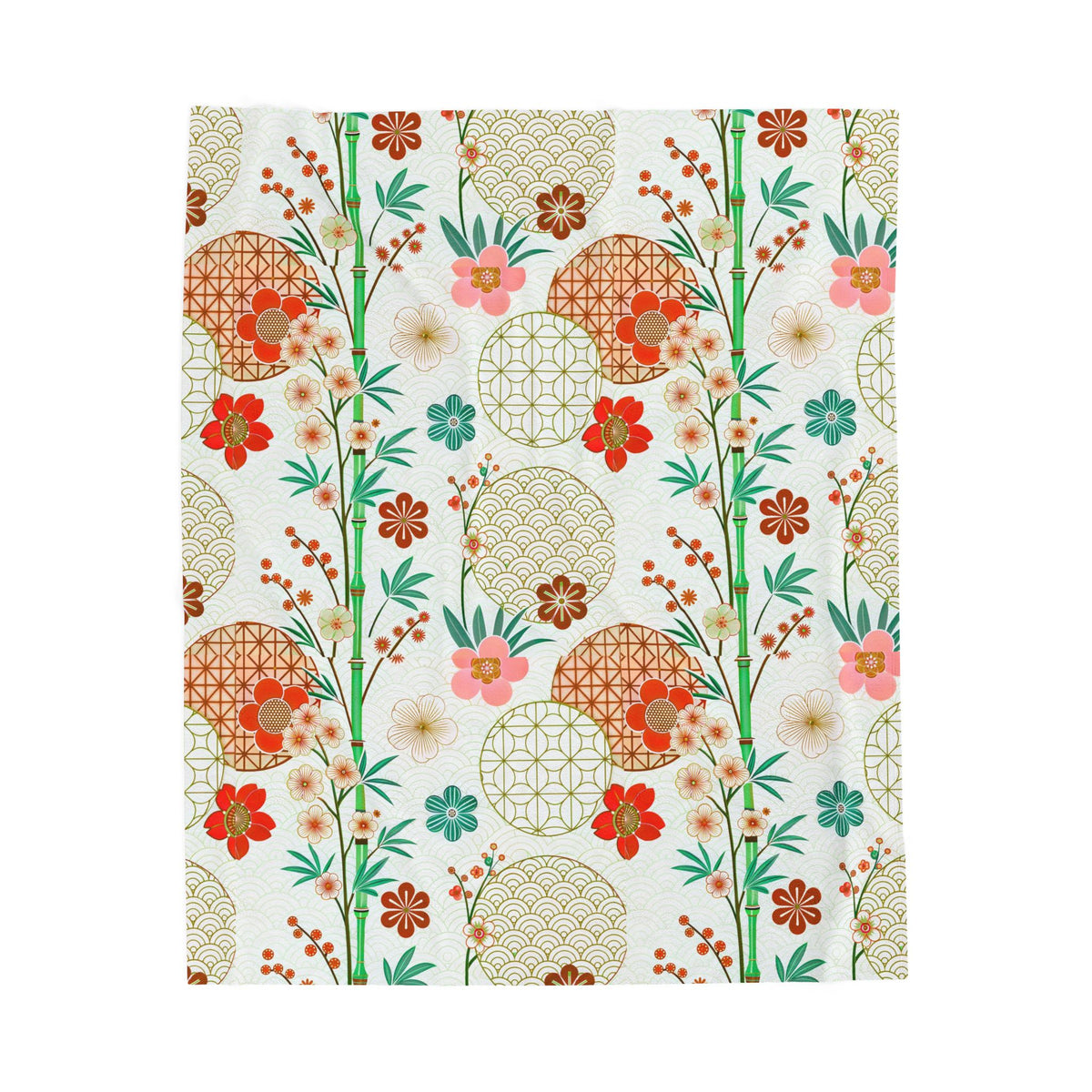 Floral Japanese Circle Velveteen Plush Blanket — Soft Retro Blossom Throw Printify