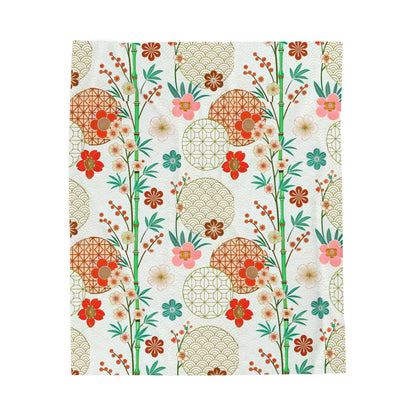 Floral Japanese Circle Velveteen Plush Blanket — Soft Retro Blossom Throw