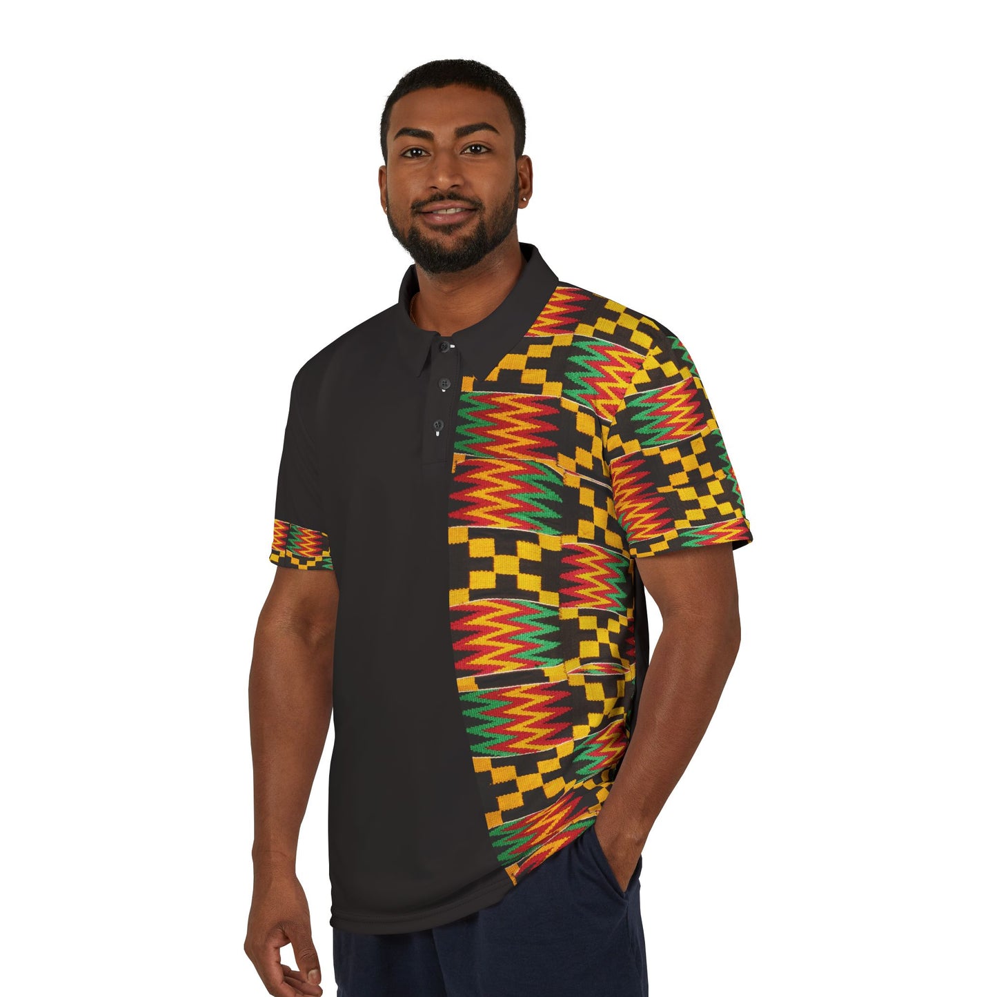 Kente Pattern Polo Shirt – African Print Half-Panel Polo