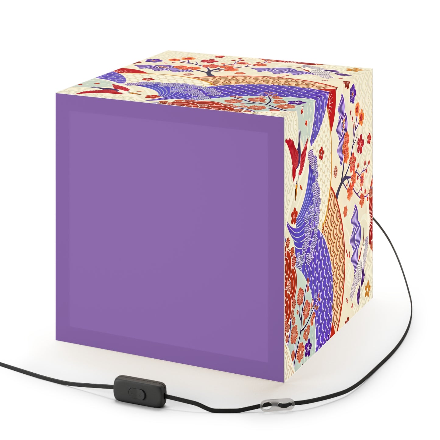 Japanese Wave & Crane Light Cube Lamp — Floral Origami Pattern Ambient Pendant