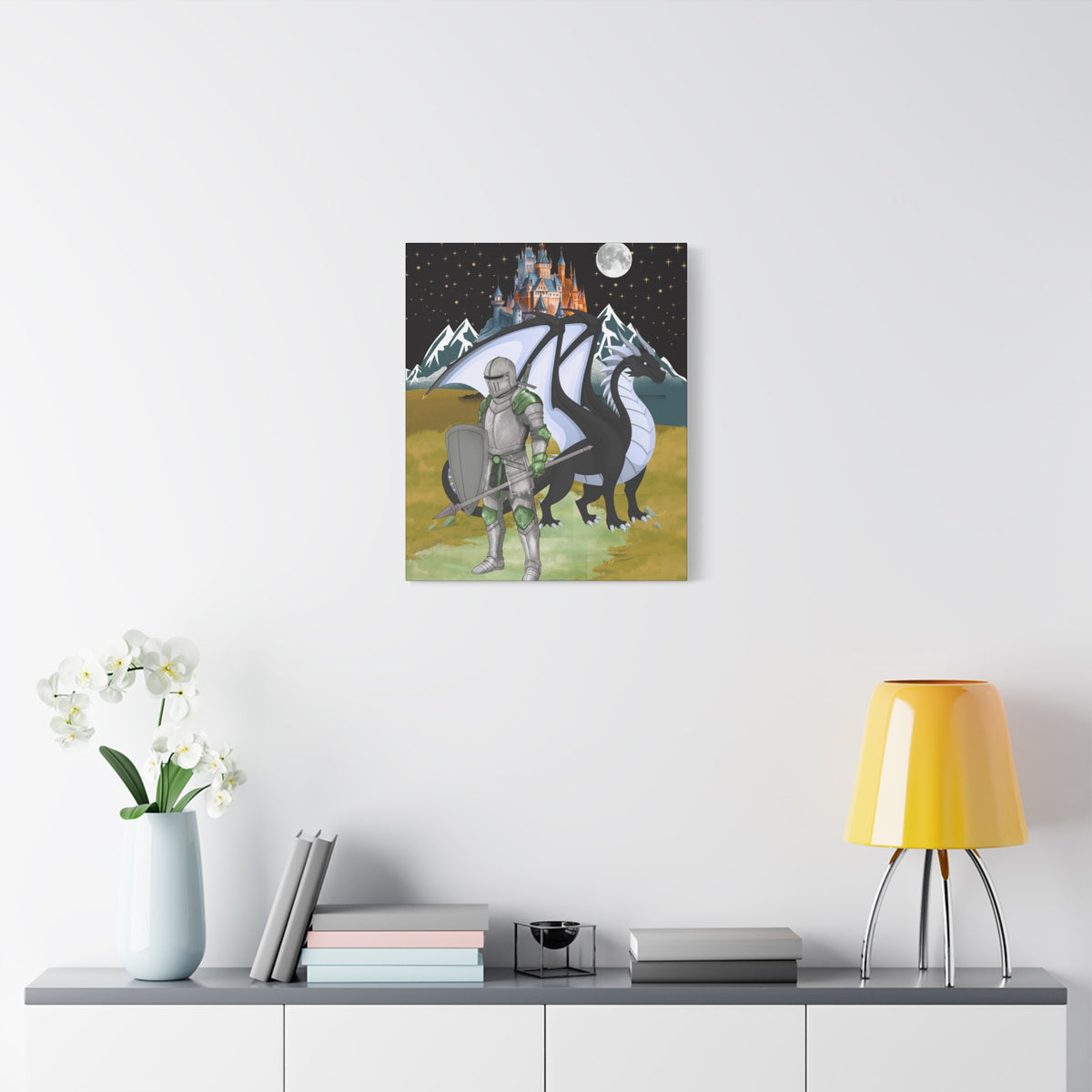 Medieval Knight & Dragon Castle Night Matte Stretched Canvas Printify