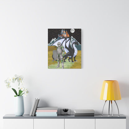 Medieval Knight & Dragon Castle Night Matte Stretched Canvas