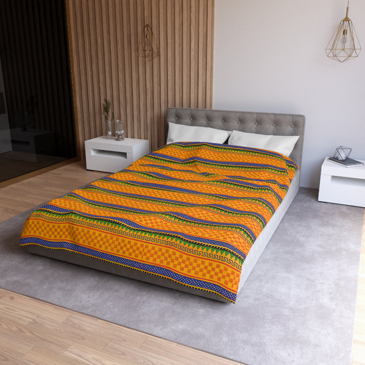 Striped Tribal Pattern Duvet Cover — Boho Orange Microfiber Bedding Printify