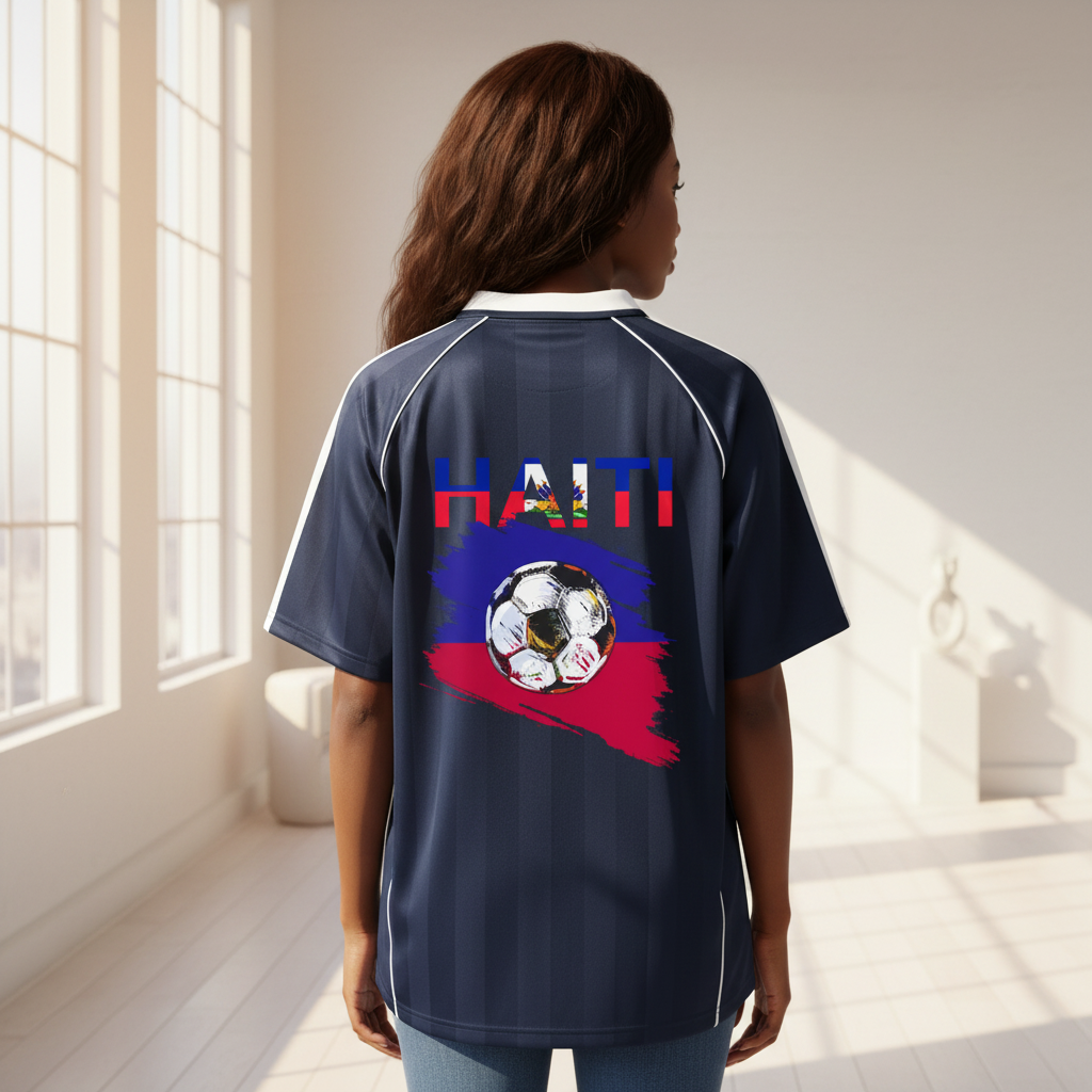 Unisex Haiti Flag Themed Graphic Shadow Stripe Collared Soccer Jersey