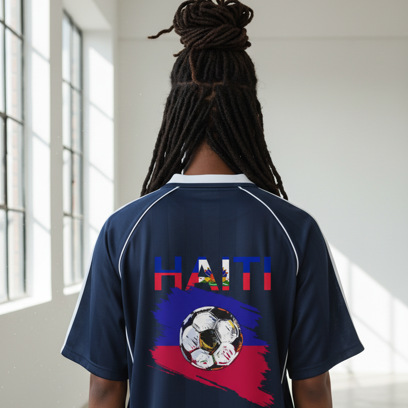 Unisex Haiti Flag Themed Graphic Shadow Stripe Collared Soccer Jersey