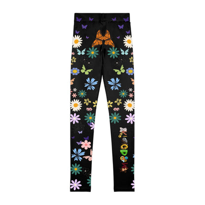 Colorful Floral Youth Leggings - Butterflies & Flowers Design