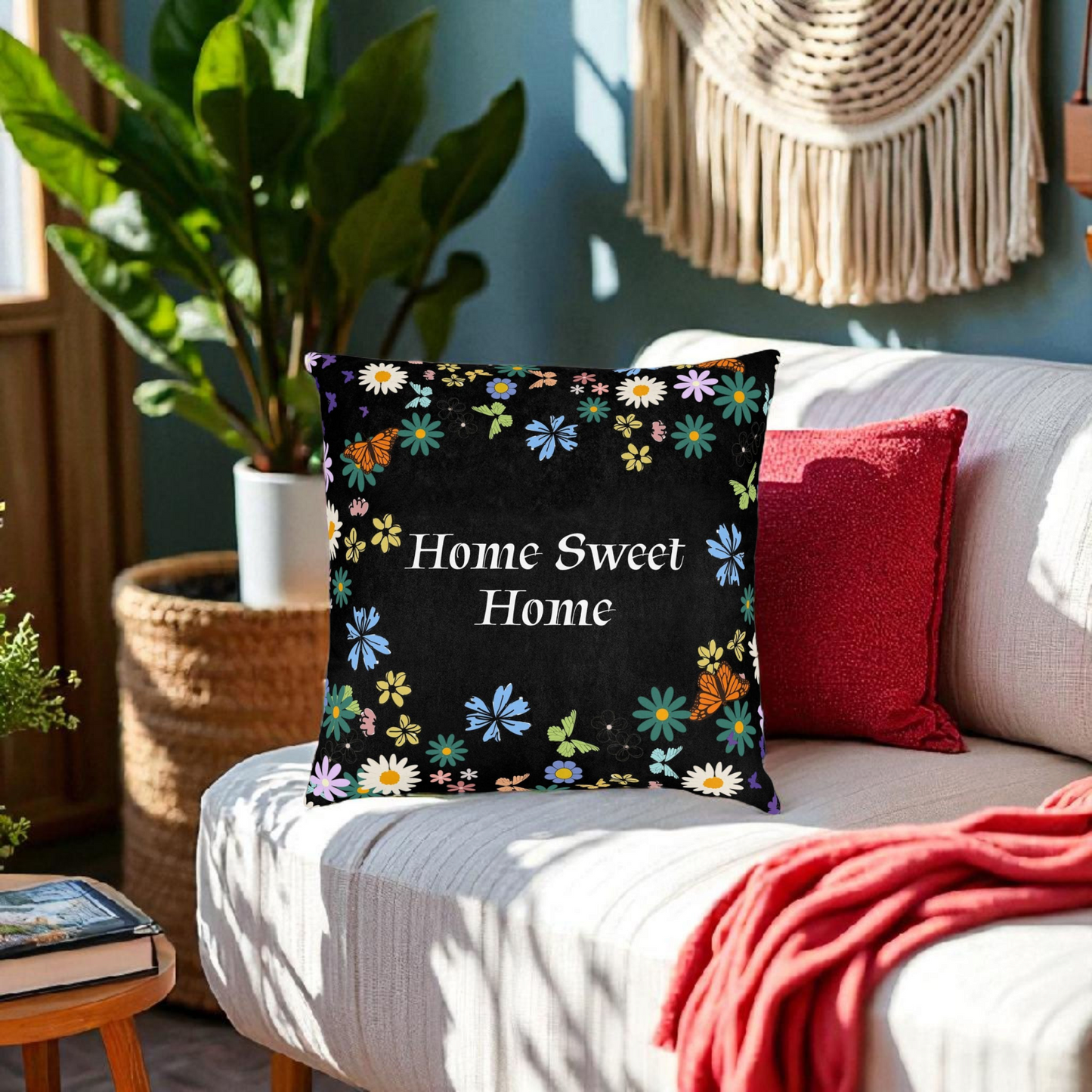 Floral Home Sweet Home Square Pillow - Cozy Decor for Living Room & Bedroom