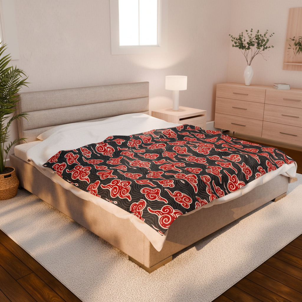 Akatsuki Cloud Pattern Velveteen Plush Blanket — Japanese Anime Inspired Red Cloud Throw