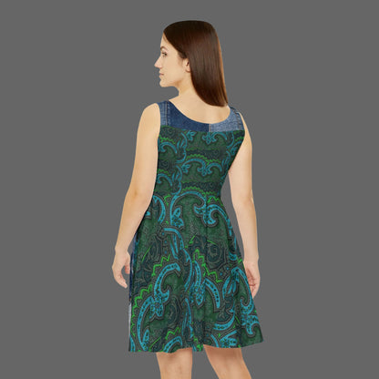 Skater Dress — Green Paisley Denim Panel All-Over Print