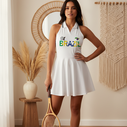 Brazil Flag Themed Women's Collared Halter A-Line Tennis Dress