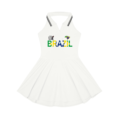 Women's A-Line Tennis Dress featuring a collared, halter-style design with a Brazil-themed Graphic