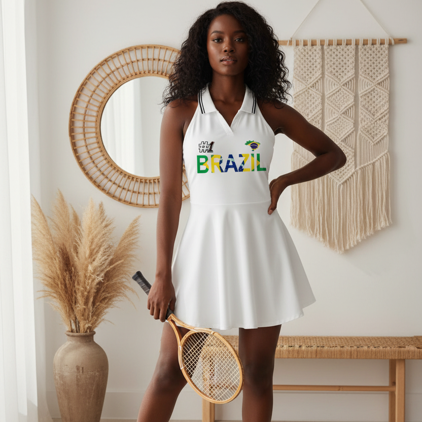 Women's A-Line Tennis Dress featuring a collared, halter-style design with a Brazil-themed Graphic