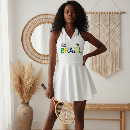 Women's A-Line Tennis Dress featuring a collared, halter-style design with a Brazil-themed Graphic