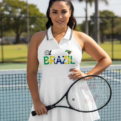 Brazil Flag Themed Women's Collared Halter A-Line Tennis Dress