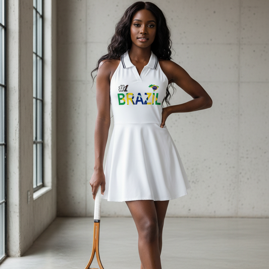 Women's A-Line Tennis Dress featuring a collared, halter-style design with a Brazil-themed Graphic