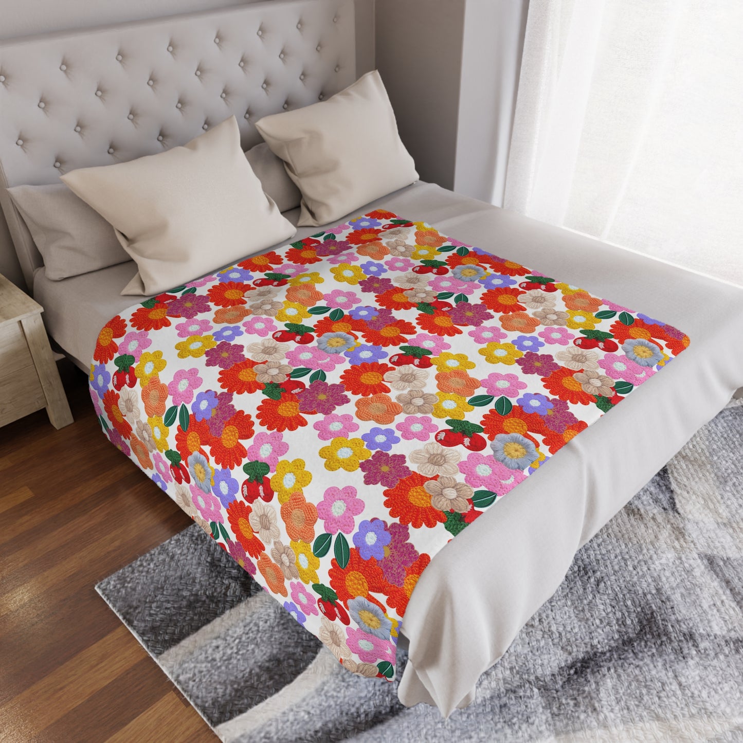 Floral Fiesta Minky Blanket — Bright Retro Flower Pattern, Cozy Throw for Living Room & Kids