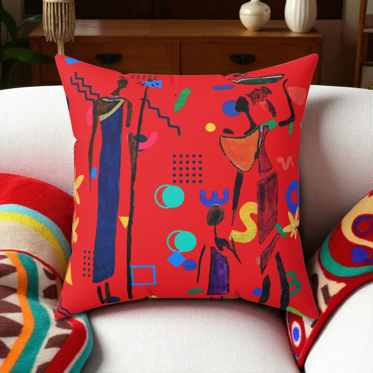 Ethnic Family Doodle Spun Polyester Square Pillow - Handcrafted Home Decor Printify