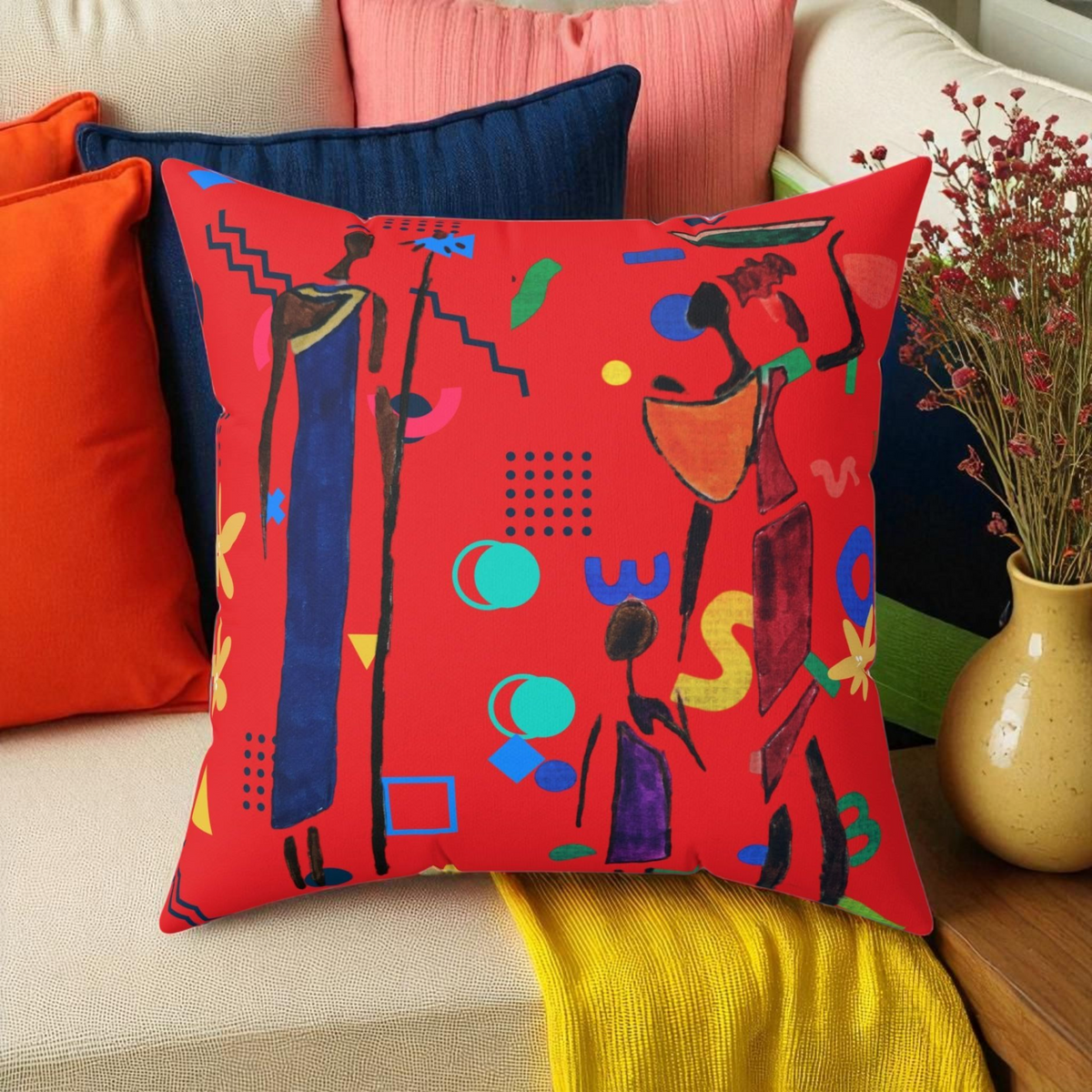 Ethnic Family Doodle Spun Polyester Square Pillow - Handcrafted Home Decor Printify