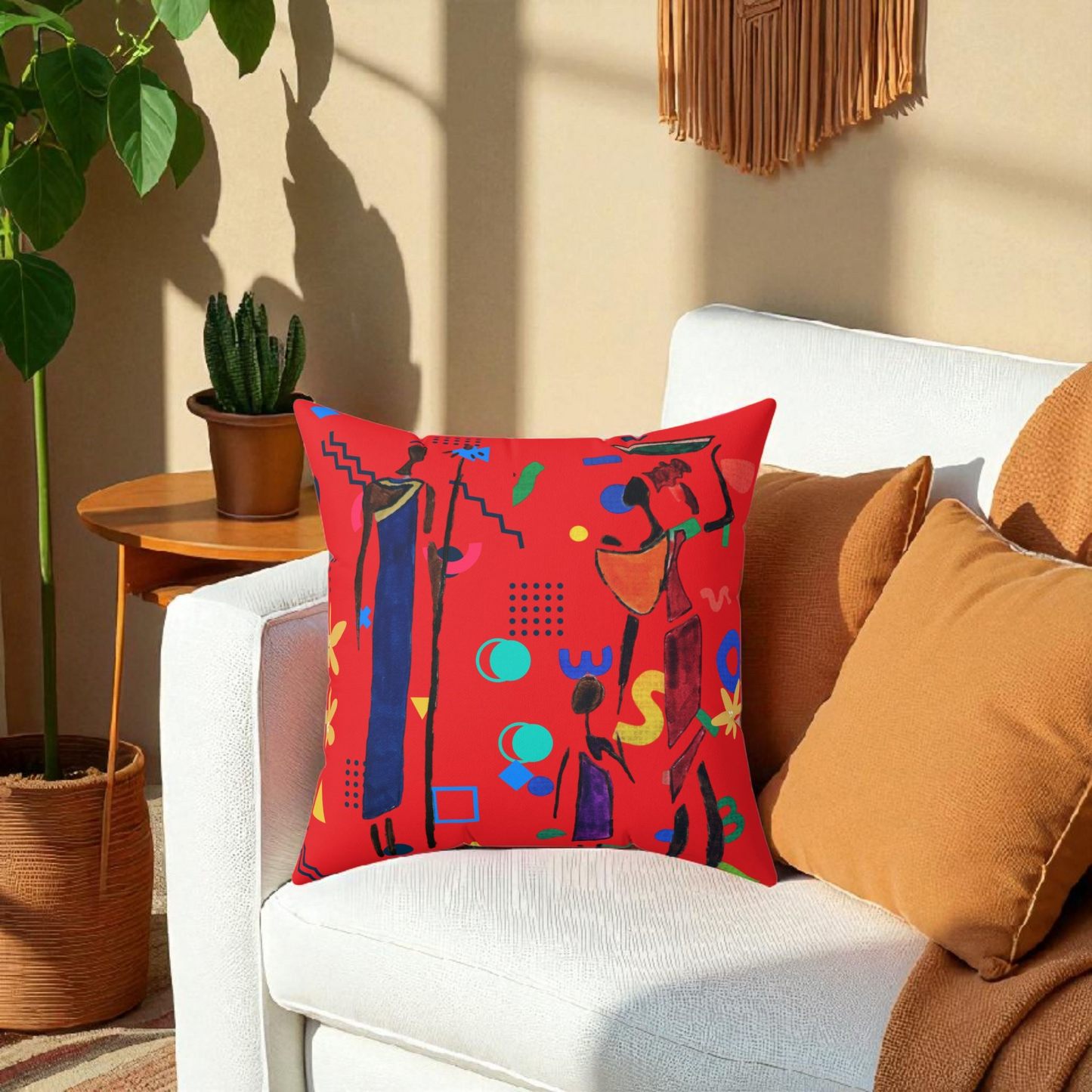 Ethnic Family Doodle Spun Polyester Square Pillow - Handcrafted Home Decor