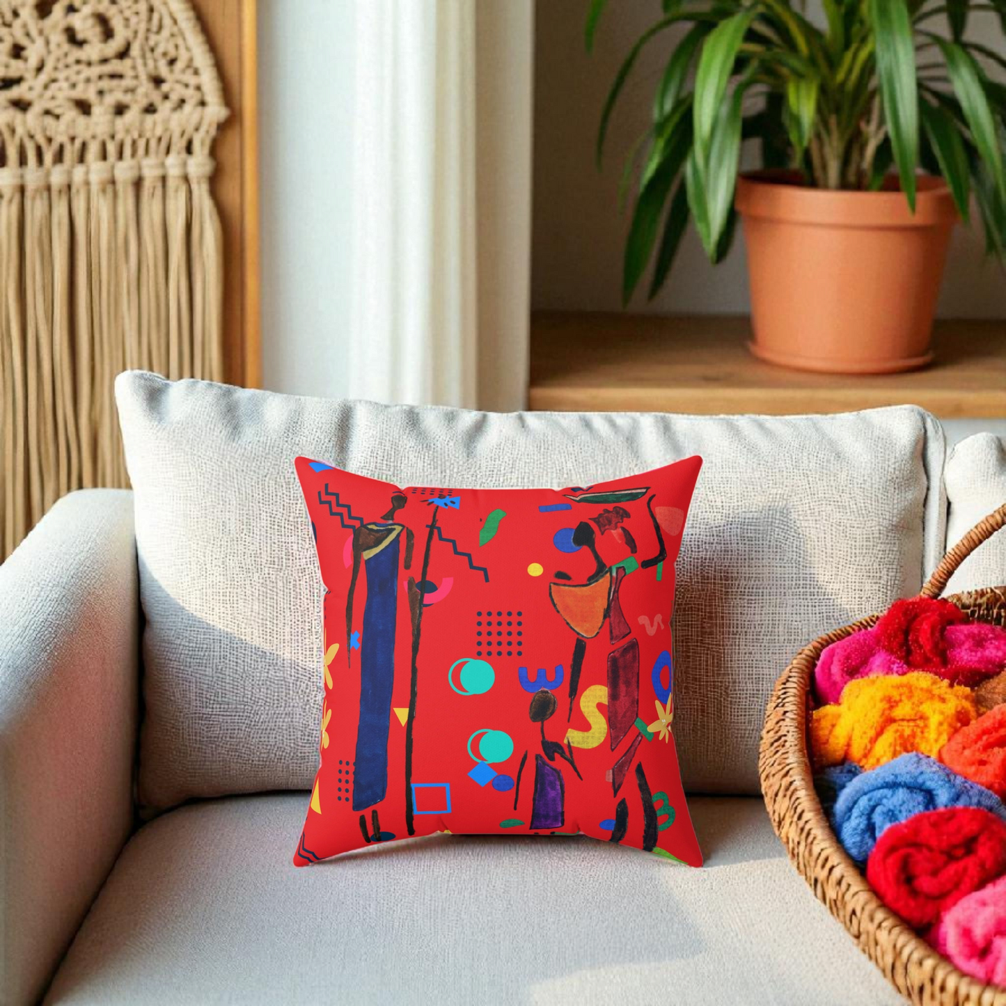 Ethnic Family Doodle Spun Polyester Square Pillow - Handcrafted Home Decor