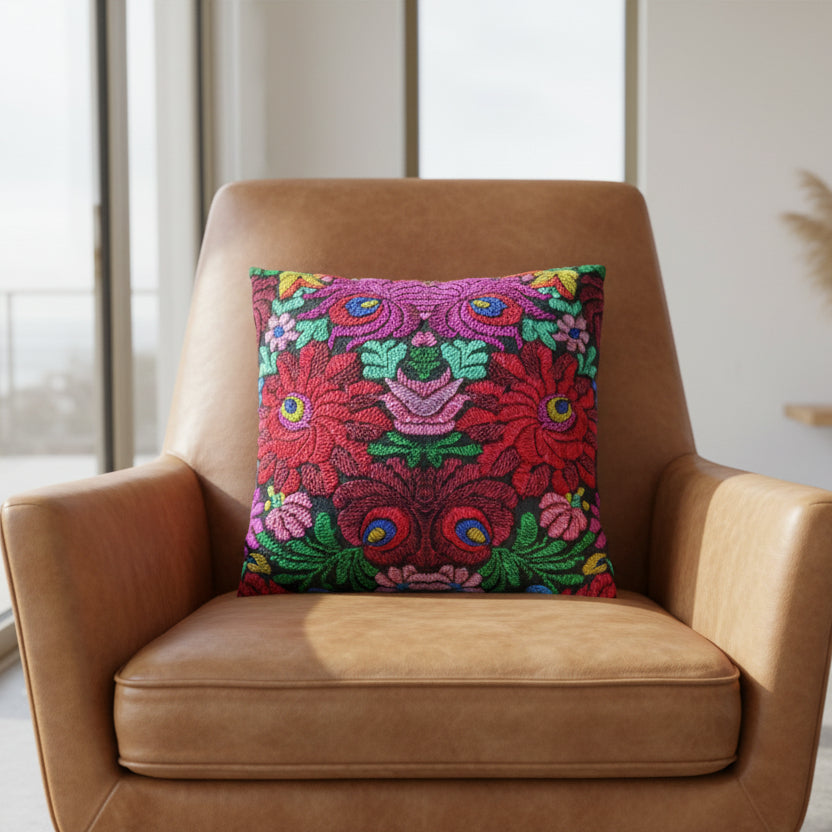 Faux Suede Pillow - Vibrant Floral Boho Square Throw Pillowcase