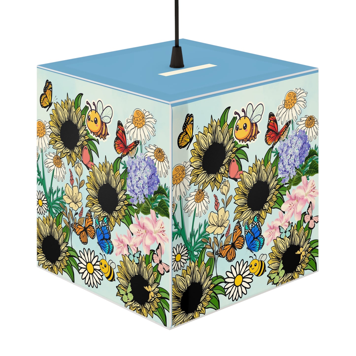 Sunflower Meadow Light Cube Lamp — Floral Bee & Butterfly Hanging Nightlight