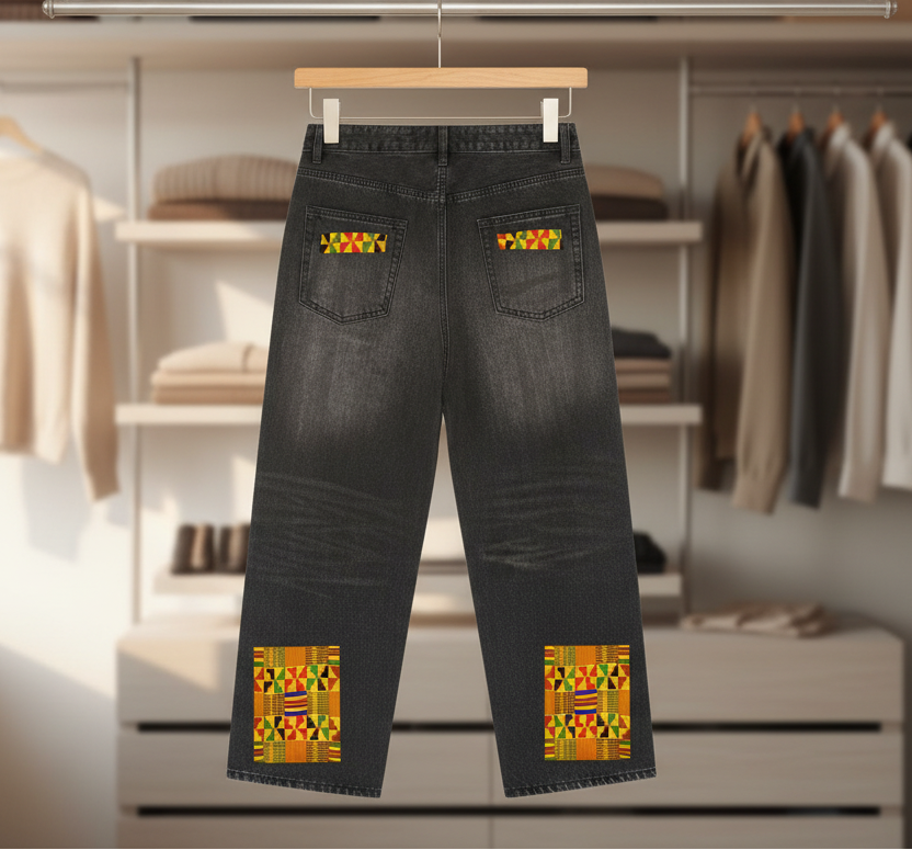 jeans,kente cloth 