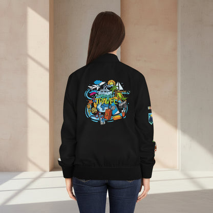 Travel Graphic Bomber Jacket – 'Travel' Adventure Patch Design