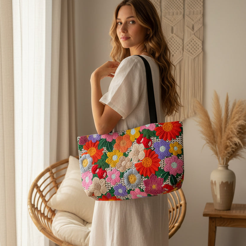 Floral Weekend Tote — Colorful Garden Bag for Travel & Markets Printify