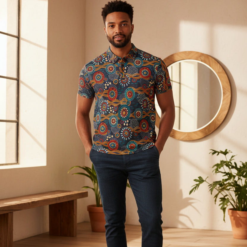 Unisex Tribal Print Polo Shirt — Colorful Aboriginal-Inspired Design
