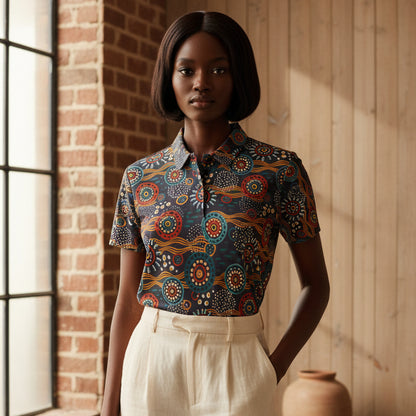 Unisex Tribal Print Polo Shirt — Colorful Aboriginal-Inspired Design