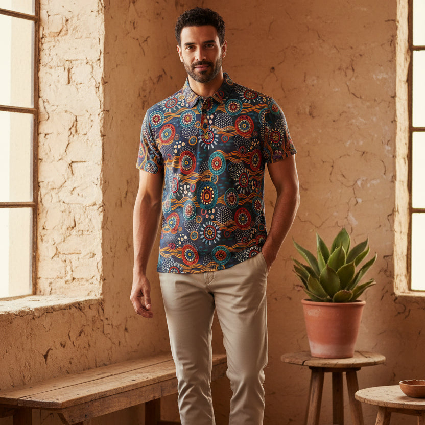 Unisex Tribal Print Polo Shirt — Colorful Aboriginal-Inspired Design