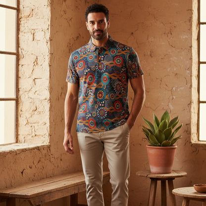 Unisex Tribal Print Polo Shirt — Colorful Aboriginal-Inspired Design