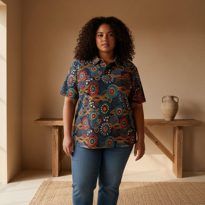 Unisex Tribal Print Polo Shirt — Colorful Aboriginal-Inspired Design