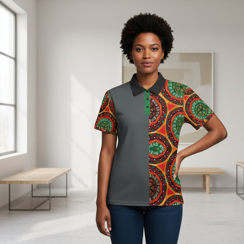 African Mandala Print Polo Shirt — Bold Orange & Green Tribal Pattern