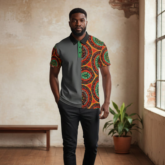 African Mandala Print Polo Shirt — Bold Orange & Green Tribal Pattern