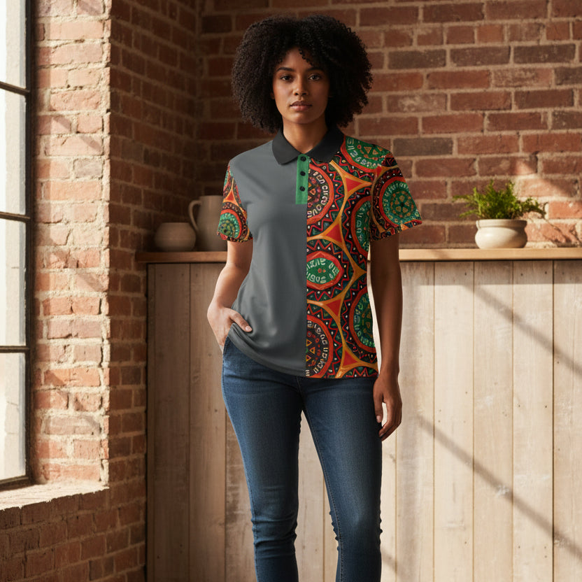 African Mandala Print Polo Shirt — Bold Orange & Green Tribal Pattern Printify