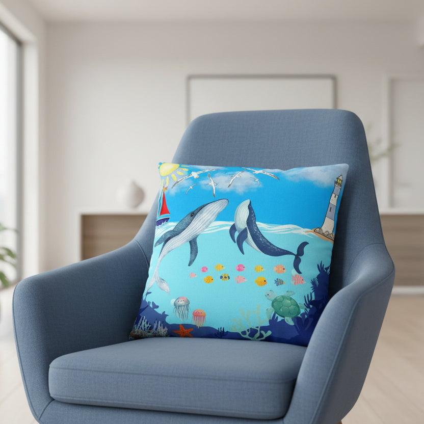 Whale Adventure Square Pillow – Coastal Home Decor Printify