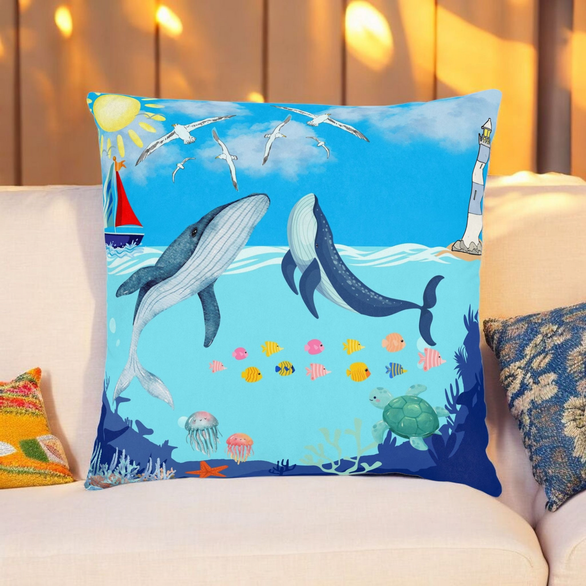 Whale Adventure Square Pillow – Coastal Home Decor Printify