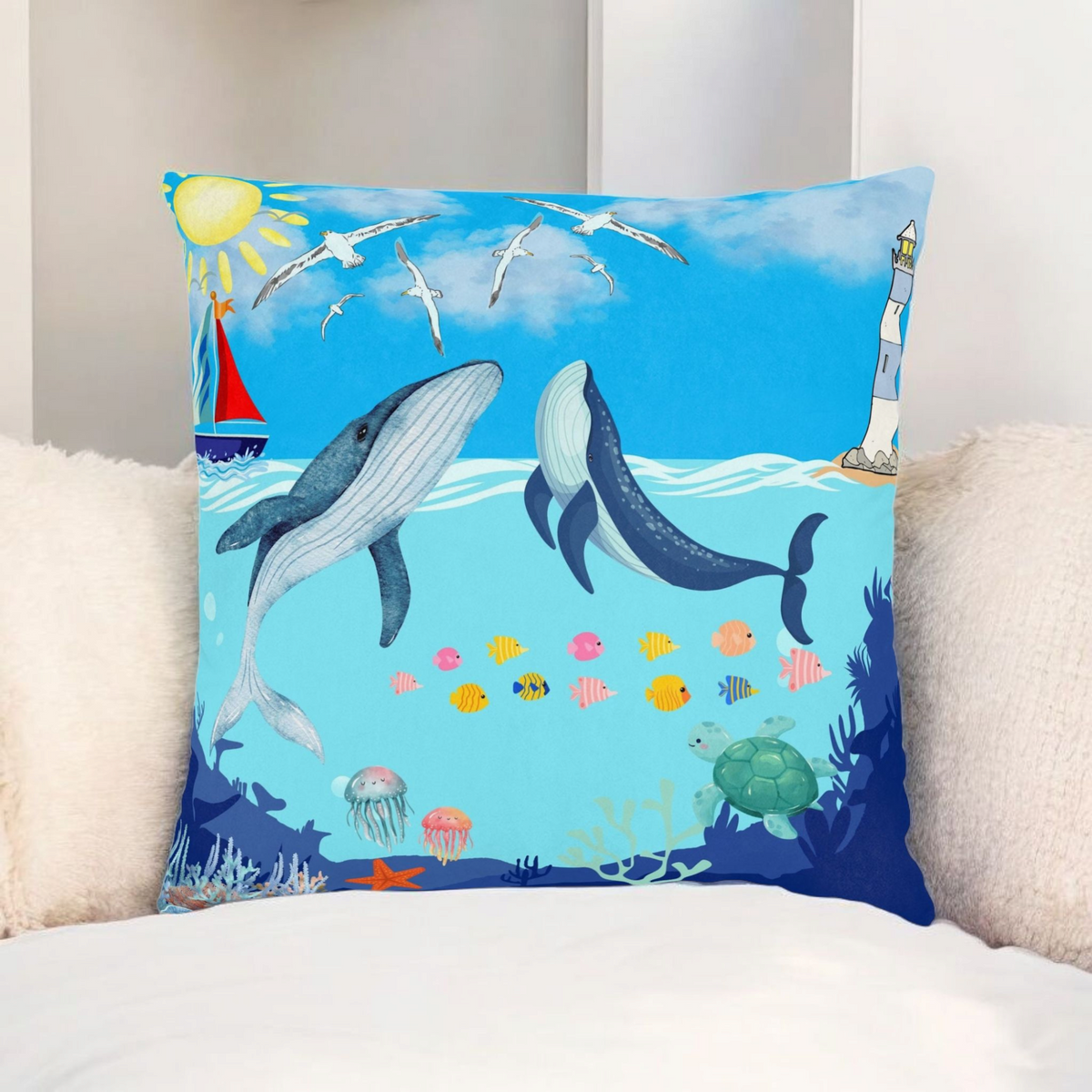 Whale Adventure Square Pillow – Coastal Home Decor Printify