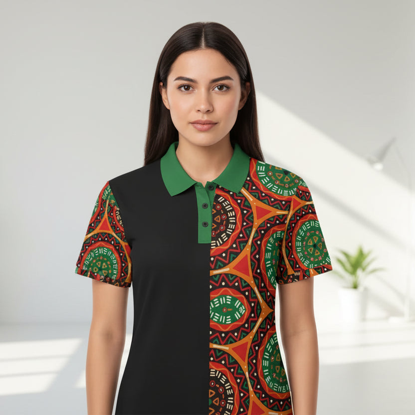 African Mandala Print Polo — Half-Panel Geo Pattern Golf Shirt