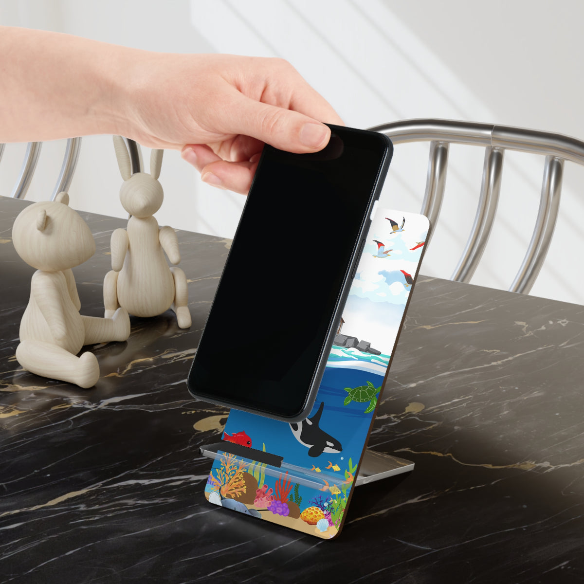 Phone Stand — Coastal Lighthouse & Orcas Mobile Display Stand Printify