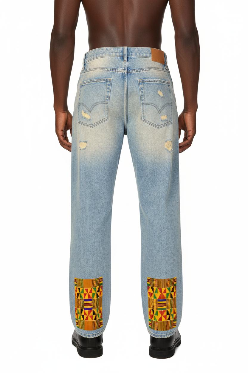 Kente Patchwork Print Sun Fade Raw Hem Denim Jeans