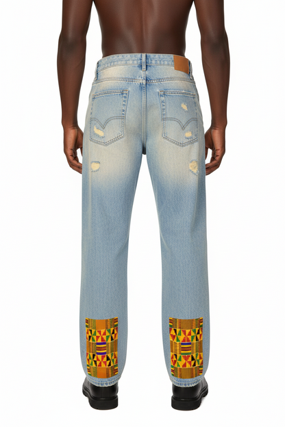 Kente Patchwork Print Sun Fade Raw Hem Denim Jeans