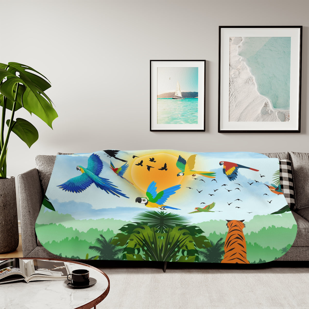 Tropical Wildlife Sherpa Blanket - Cozy Nature-Inspired Throw Printify