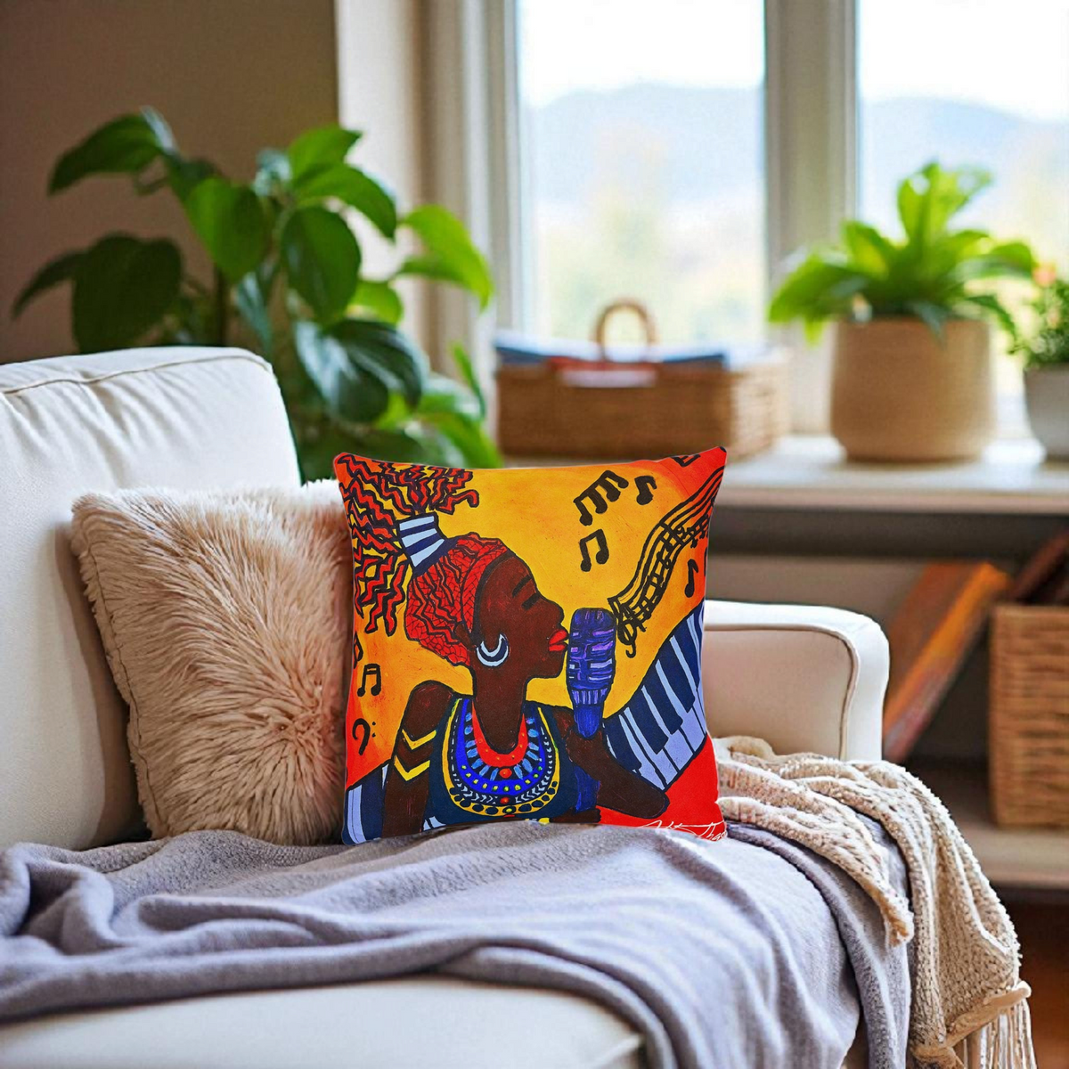 Musical Vibes Square Pillow | Colorful African American Art | Home Decor & Gifts Printify