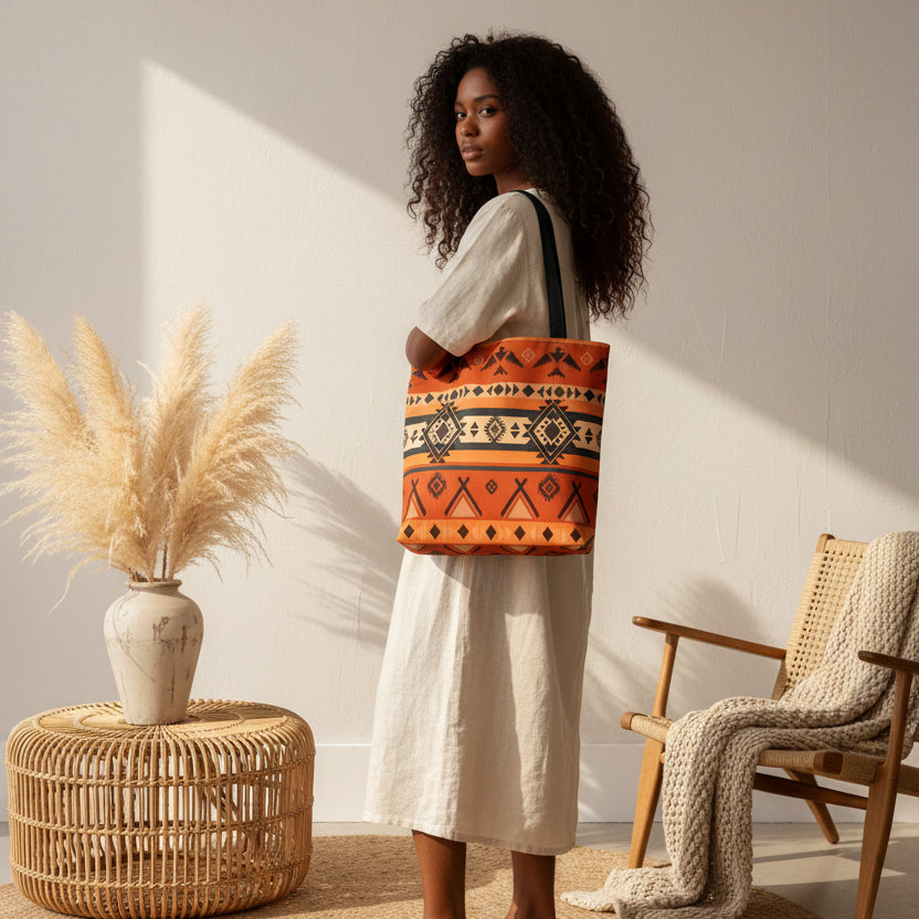 Southwestern Aztec Pattern Tote Bag — Orange Tribal All-Over Print