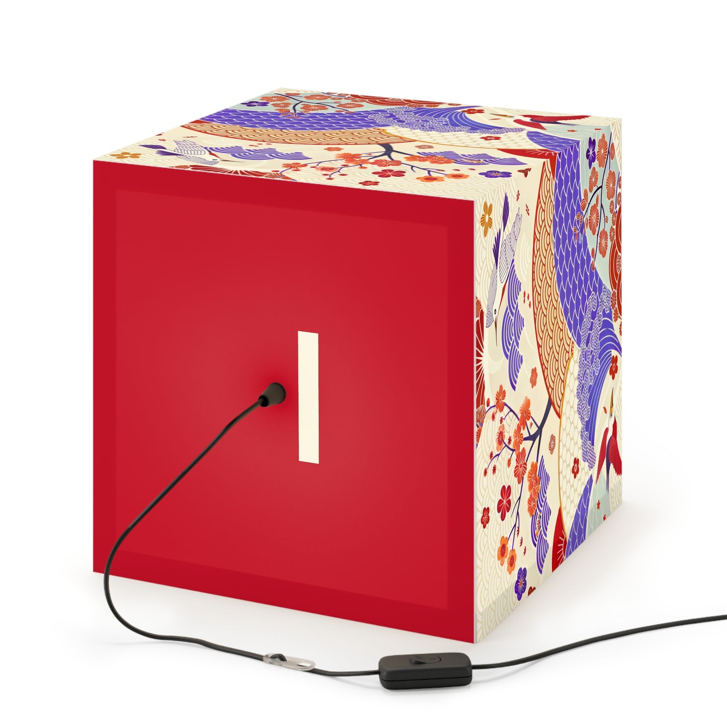 Japanese Wave & Crane Light Cube Lamp — Floral Origami Pattern Ambient Pendant