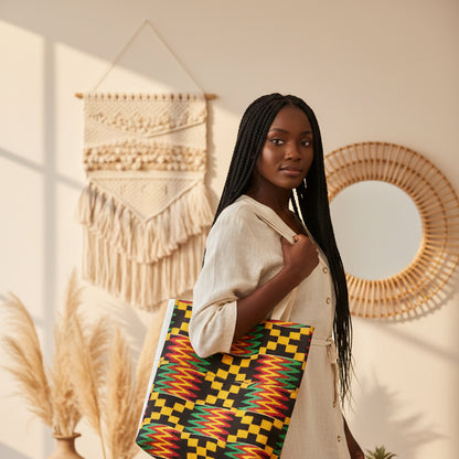 Kente Pattern Canvas Tote Bag — Vibrant African Print Market Tote